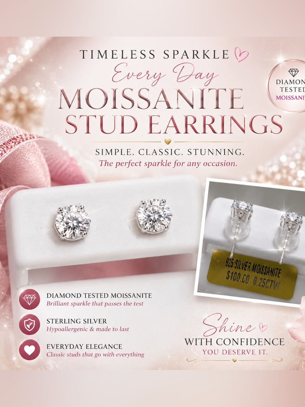 Moissanite stud earrings in sterling silver $100 retail
